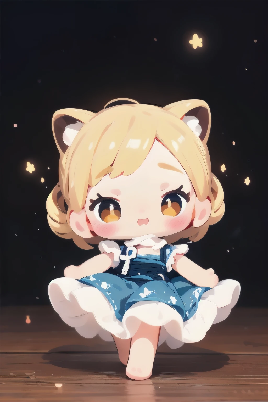 Chibi Girl Doll、Spinning gracefully、Dresses fluttering in the wind、Detailed facial features、Aggressive composition、Elegant hairstyle、Delicate feminine figure、Photorealistic、high quality、Ultra-realistic、Very detailed、Cinematic lighting、Warm color palette、Dramatic lighting、Complex fabric texture、Fluid movement、masterpiece