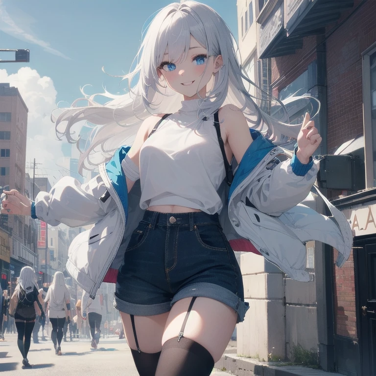 (Masterpiece, Best quality, ultra high resolution), 1 girl, Silver hair, Pale skin, Beautiful detailed face, Detailed eyes, posing on a white background, Dynamic lighting, dynamic shadowing, looking at viewer, White street punk fashion with blue details, (Posing for a photo), ((White clothes)), (((black thigh highs))), jean shorts, skirt, white sweater, ((Blue eyes)), happy, smiling, black straps, black strap design, ((Long white hair)), energetic, cheerful, cityscape background, (garter), blue tertiary color, blue highlights