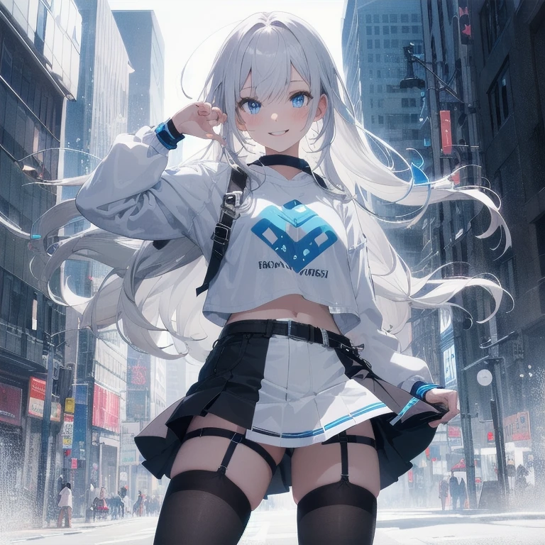 (Masterpiece, Best quality, ultra high resolution), 1 girl, Silver hair, Pale skin, Beautiful detailed face, Detailed eyes, posing on a white background, Dynamic lighting, dynamic shadowing, looking at viewer, White street punk fashion with blue details, (Posing for a photo), ((White clothes)), (((black thigh highs))), jean shorts, skirt, white sweater, ((Blue eyes)), happy, smiling, black straps, black strap design, ((Long white hair)), energetic, cheerful, cityscape background, (garter), blue tertiary color, blue highlights