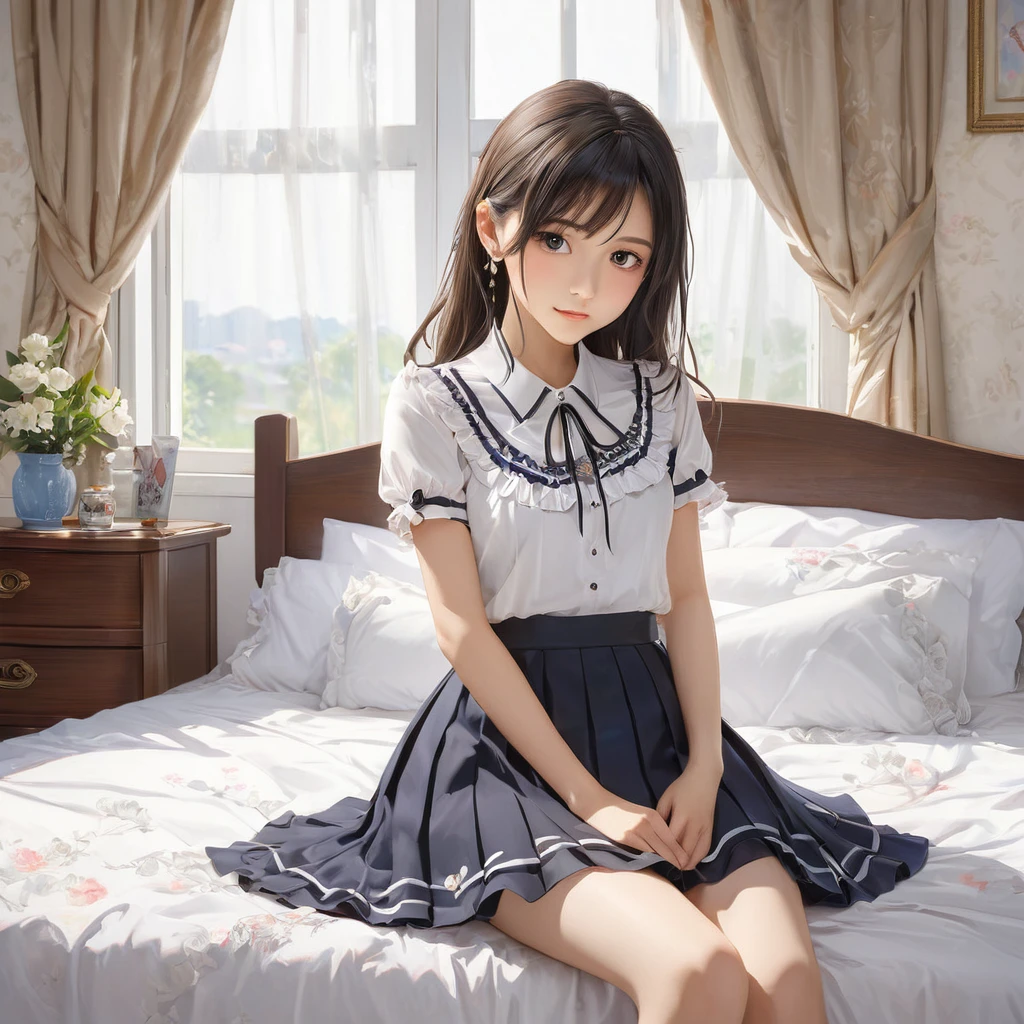 (masterpiece, Highest quality:1.2), One girl, alone,bony body、15 years old、master piece , best quality , detailed , blouse , skirt , sitting , (from front) , bed room , indoor