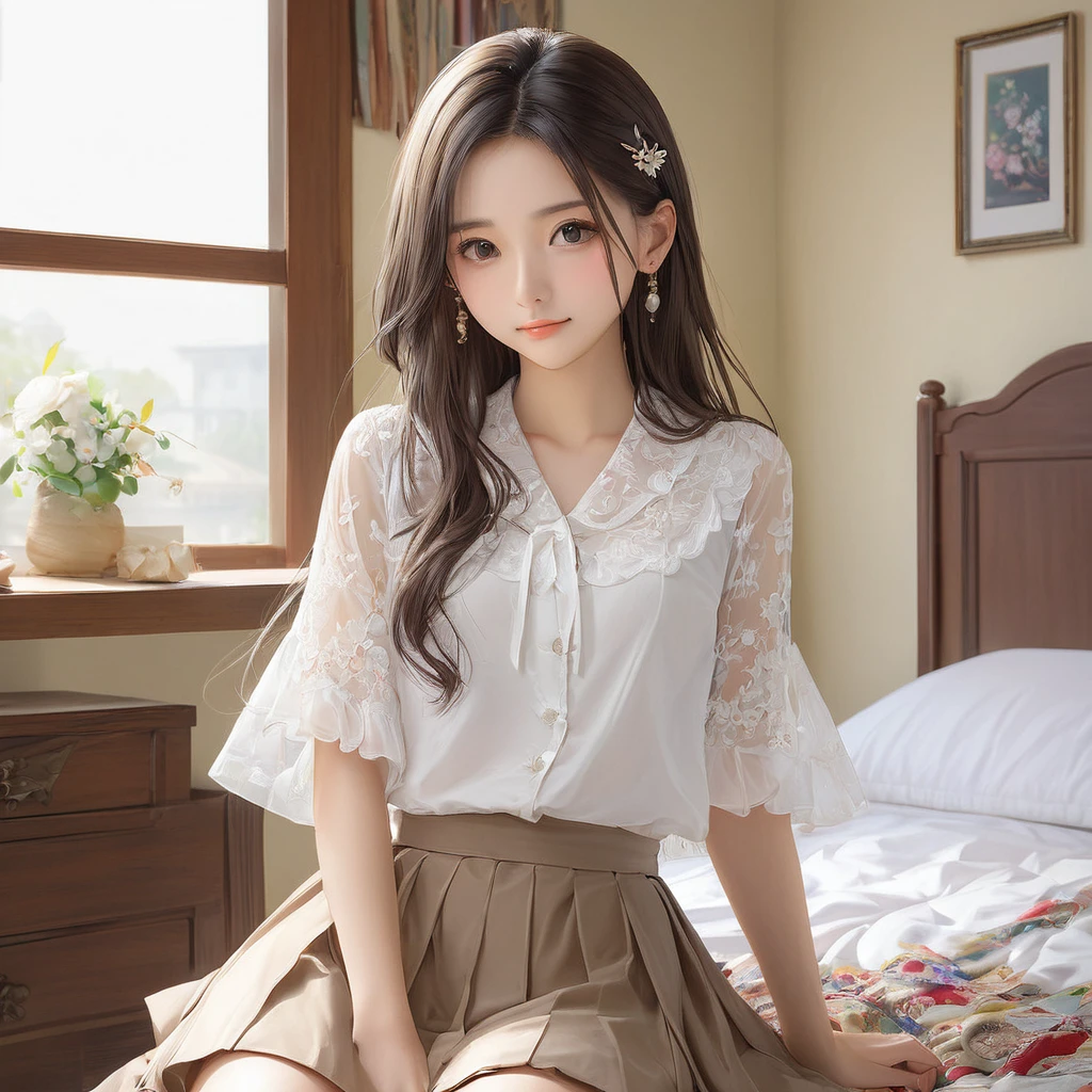 (masterpiece, Highest quality:1.2), One girl, alone,bony body、15 years old、master piece , best quality , detailed , blouse , skirt , sitting , (from front) , bed room , indoor