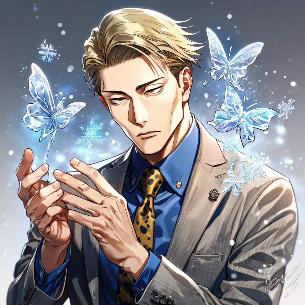absurdres, highres, ultra detailed, HDR, master piece, best quality, extremely detailed, Nanami Kento, blonde hair, expressive brown eyes, Jujutsu Kaisen, solo, young man, handsome, gray jacket, blue shirt, necktie, magical, fantasy, snowflakes, ice butterflies, ice, snowing