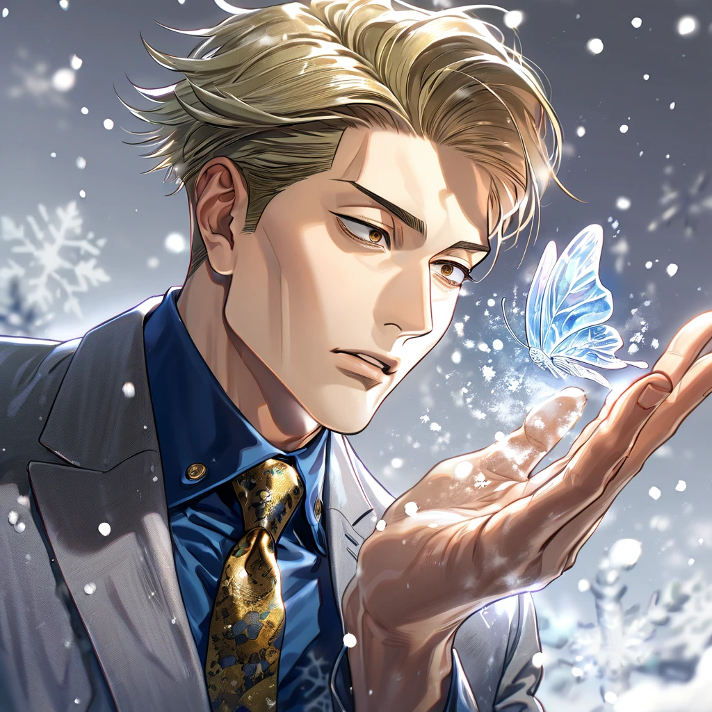 absurdres, highres, ultra detailed, HDR, master piece, best quality, extremely detailed, Nanami Kento, blonde hair, expressive brown eyes, Jujutsu Kaisen, solo, young man, handsome, gray jacket, blue shirt, necktie, magical, fantasy, snowflakes, ice butterflies, ice, snowing