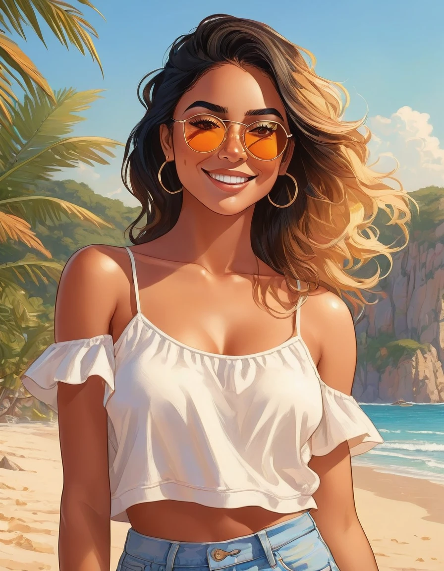 Beautiful latin american woman with tanned skin, freckles, Black hair with blonde tips, wearing a white crop top, minishorts, sunglasses on her head, (1 Girl), (adult woman), (Full Body), Beautiful face, smiling, Looking away the camera, Sideview, standing on a beach, (Sexy Pose), ((Perfect face)), ((hyper bronze skin)), ((tan skin)), natural light, beautiful lighting, beautiful colors, semi realistic style, ((Beautiful detailed eyes)), ((Beautifull detailed face)), ((high detail)), ((High Definition)), (Flat Colors), (Celshading), (Illustration style), ((Lineart)), ((Perfect Lines))