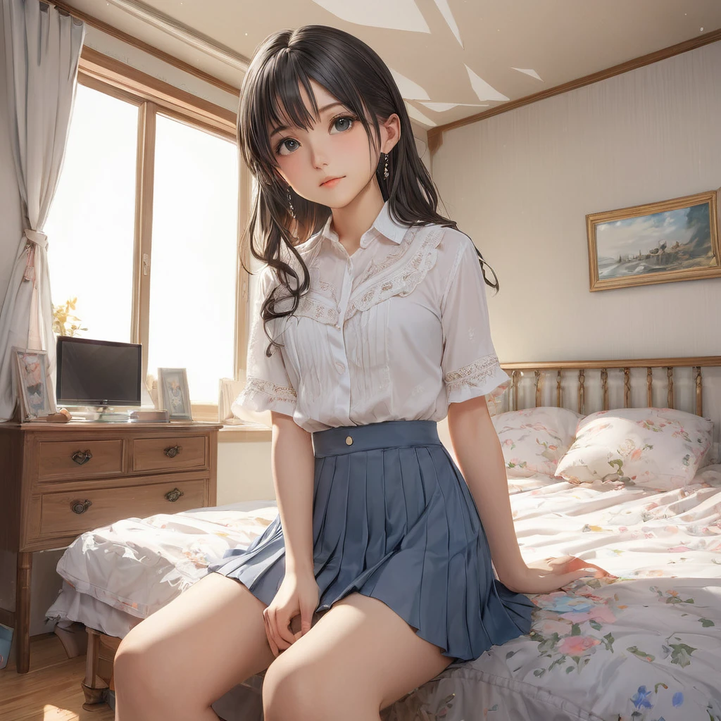 (masterpiece, Highest quality:1.2), One girl, alone,bony body、15 years old、Anime Style、(masterpiece, Highest quality:1.2), One girl, alone,bony body、15 years old、master piece , best quality , detailed , blouse , skirt , sitting , (from front) , bed room , indoor