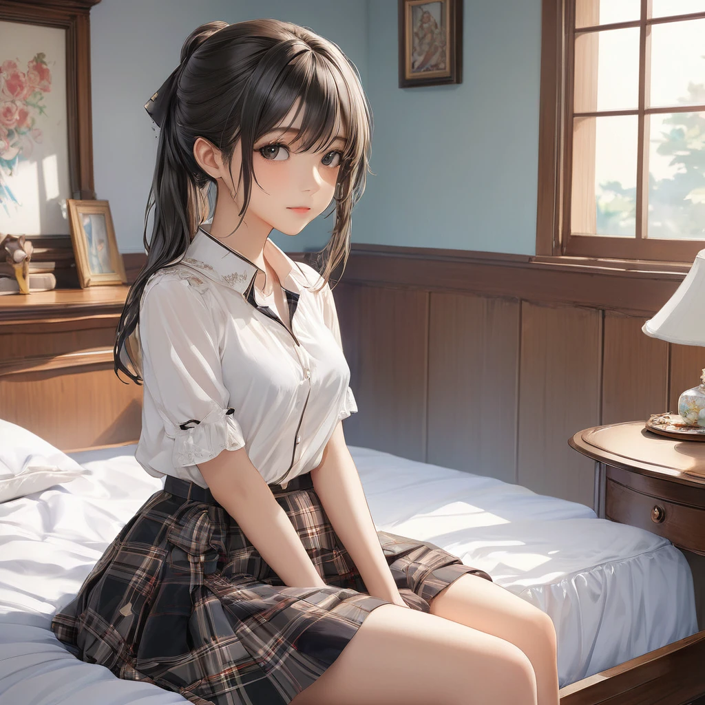 (masterpiece, Highest quality:1.2), One girl, alone,bony body、、Anime Style、(masterpiece, Highest quality:1.2), One girl, alone,bony body、15 years olde , best quality , detailed , blouse , skirt , sitting , (from front) , bed room , indoor
