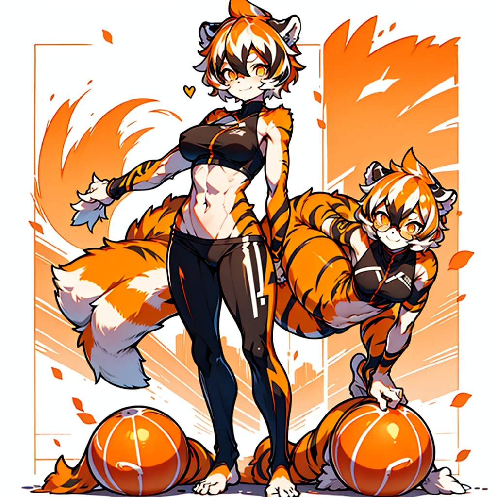white background, full body, solo, 1girl, Standing Yoga mat, heading up, proud, young girl, animal ears, arknights, white hair, black hair, round eyewear, glasses, OPPEIN, short hair, large , muscle, tail, orange eyes, orange hair, multicolored hair, tiger girl, furry female, hair betweenes, tiger_ears, tiger_tail, waai_fu, orange-tinted_eyewear, tinted_eyewear, Sophorae, ワイフー, waai_fu_arknights, tattoo, petite, neck tattoo, big breasttattoo, bra, panties, evil smile, under feet, Abdominal muscles, Yoga tights, Yoga balls