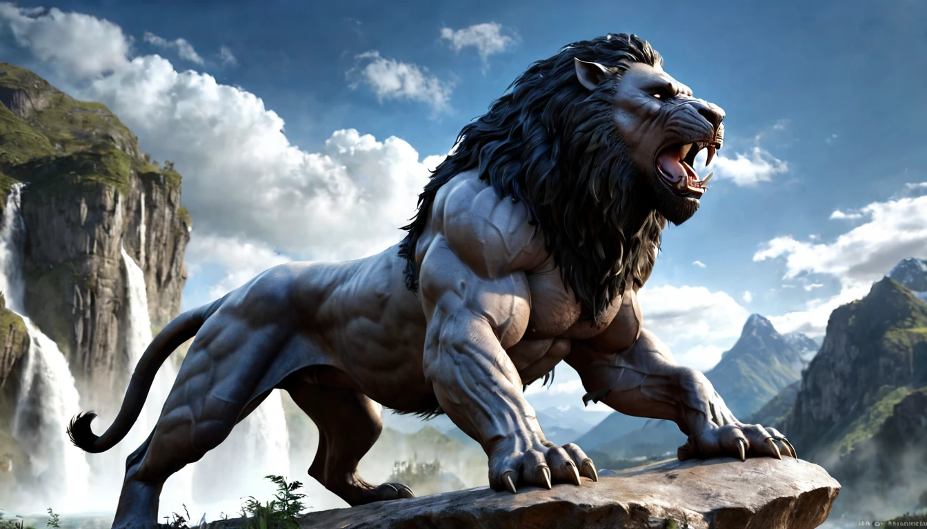 barbarian warrior man, super muscular body on steroids, with batman mask, long black hair, (riding a large prehistoric lion, saber tooth), mountains and waterfalls in the background, blue sky, beautiful clouds, ethereal atmosphere, cinematic lighting, photorealistic, (best quality, 8k, high resolution, masterpiece: 1.2), ultra detailed, realistic, photorealistic: 1.37, spectacular lighting, moody, fantasy, concept art, (dark fantasy)