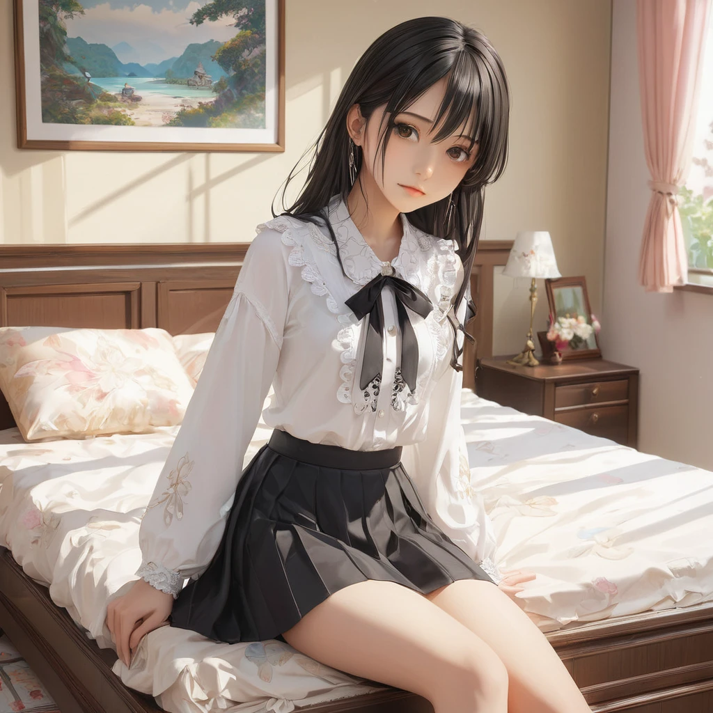 (masterpiece, Highest quality:1.2), One girl, alone,bony body、15 years old、Anime Style、(masterpiece, Highest quality:1.2), One girl, alone,bony body、15 years old、master piece , best quality , detailed , blouse , skirt , sitting , (from front) , bed room , indoor