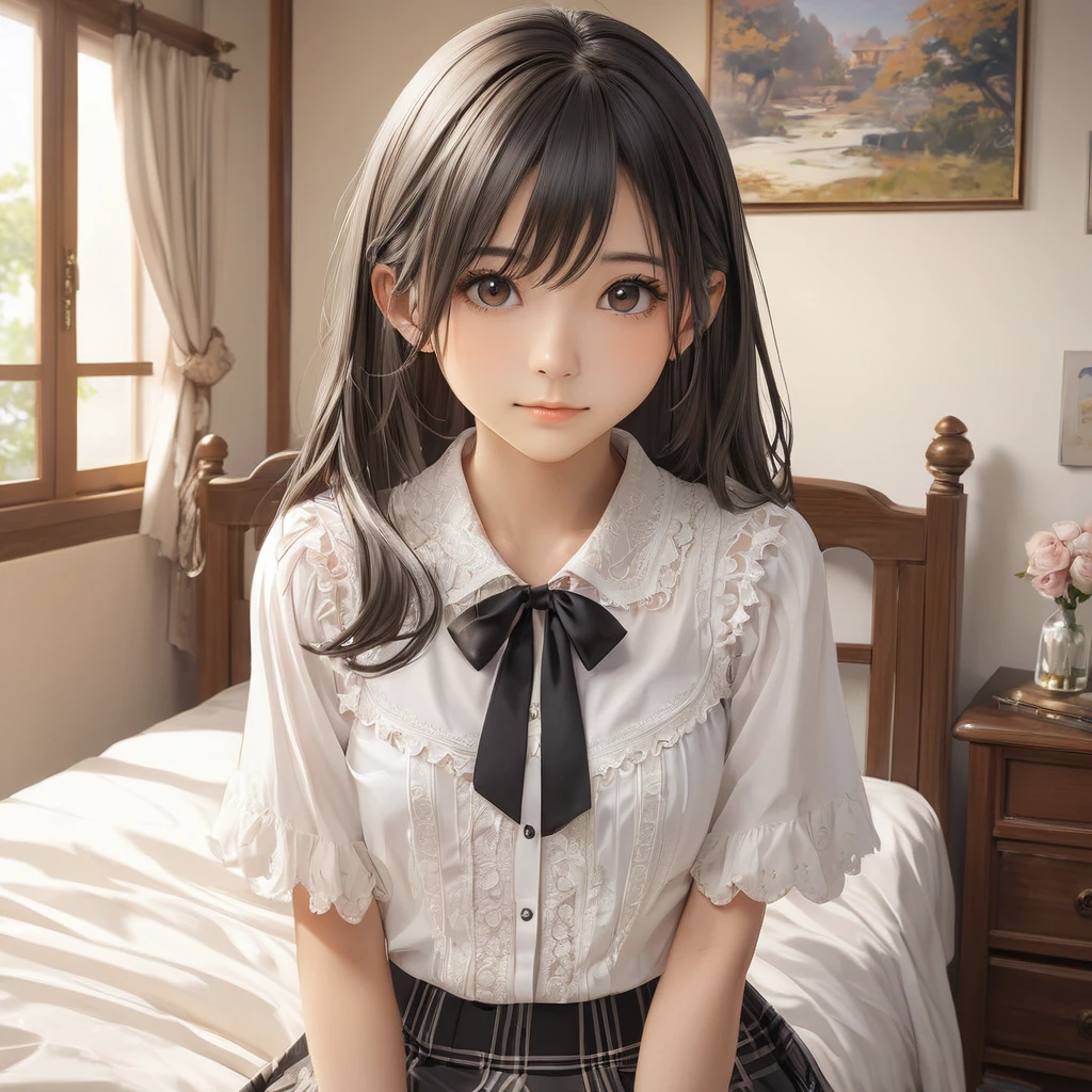 (masterpiece, Highest quality:1.2), One girl, alone,bony body、15 years old、Anime Style、(masterpiece, Highest quality:1.2), One girl, alone,bony body、15 years old、master piece , best quality , detailed , blouse , skirt , sitting , (from front) , bed room , indoor