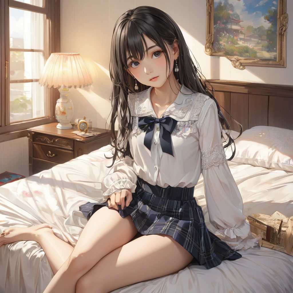 (masterpiece, Highest quality:1.2), One girl, alone,bony body、15 years old、Anime Style、(masterpiece, Highest quality:1.2), One girl, alone,bony body、15 years old、master piece , best quality , detailed , blouse , skirt , sitting , (from front) , bed room , indoor