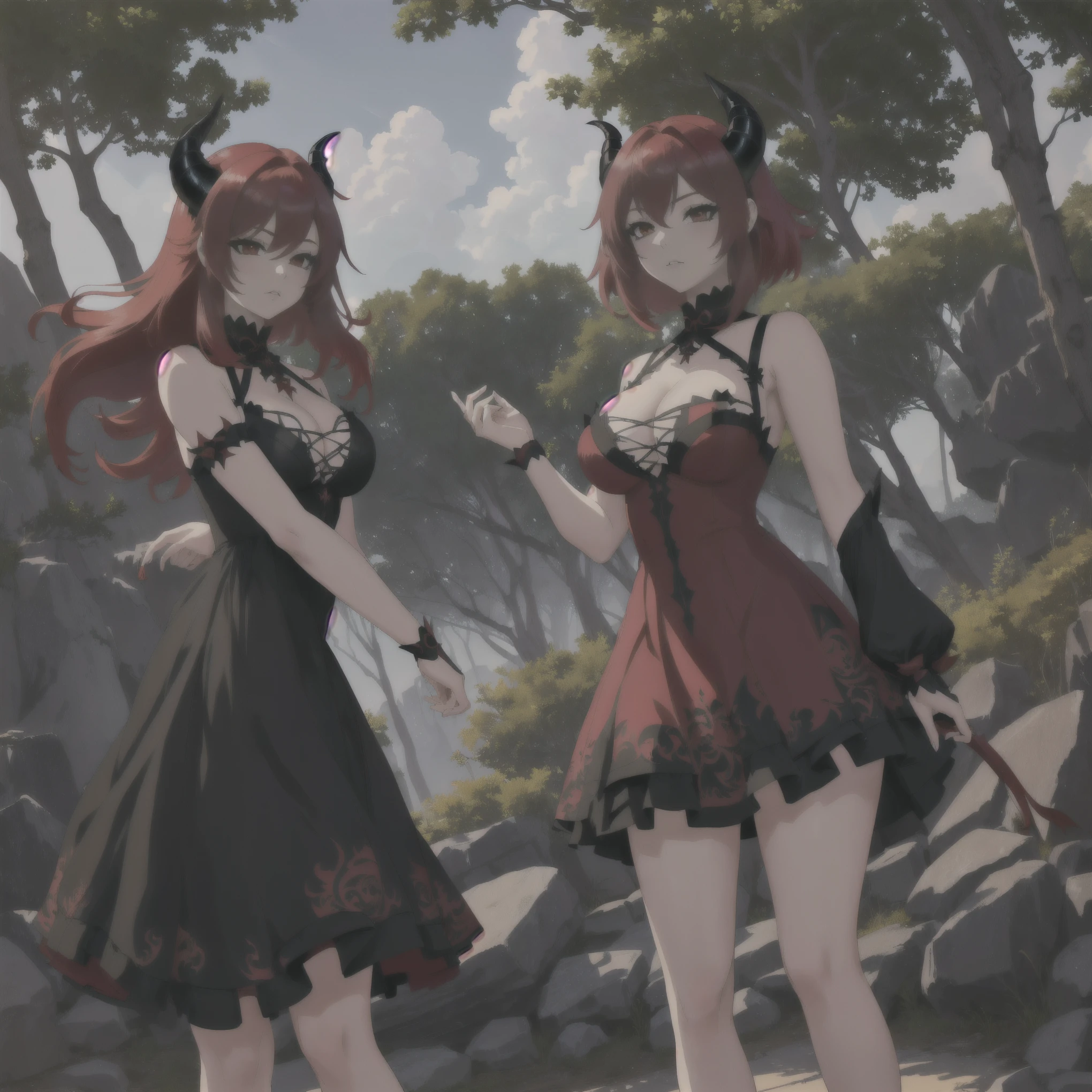 anime girl with red hair and horns in front of a tree, garota anime demon, beautiful together, together, together in tight short dress, Rias Gremory, Lilith, together | Mediovale, garota demon, anime monster girl, mika kurai demon, Dragon girl, demon, together in sundress portrait, seductive anime girl, Coloque cabelo comprido nas duas, backlighting, UHD, highres, 16k, best quality, high quality, super detail
