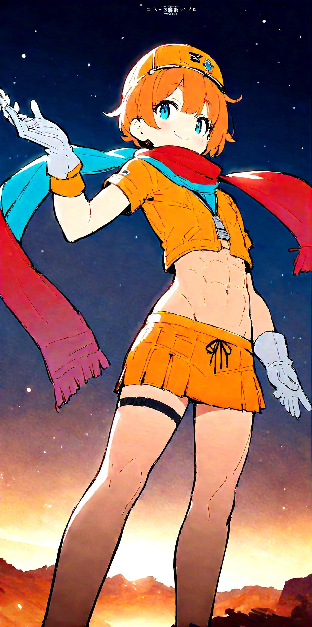 Anime Boys、Both have、Six Pack Abs、Orange Hair、short hair、happiness、smile、detailed、Highest quality、masterpiece、Flight Cap、Scarf、mini skirt、gloves、navel、slender