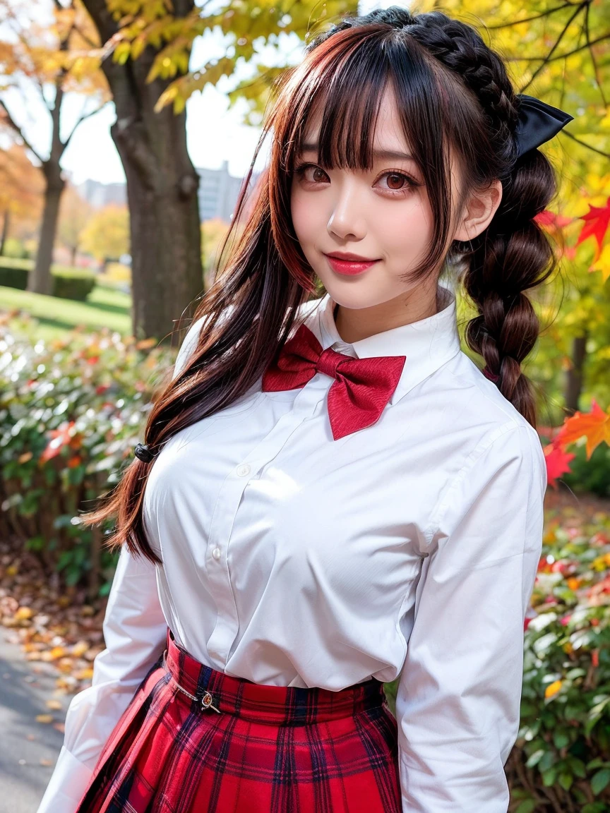 1girl, solo, long hair, breasts, looking at viewer, blush, smile, open mouth, bangs, skirt, shirt, black hair, red eyes, long sleeves, bow, white shirt, upper body, braid, :d, red hair, multicolored hair, outdoors, teeth, collared shirt, bowtie, black skirt, red bow, two-tone hair, tree, red bowtie, high-waist skirt, autumn leaves, autumn