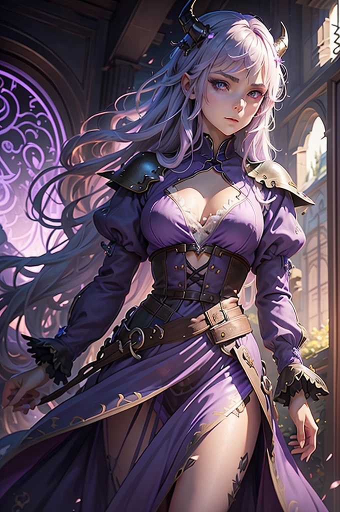 a close up of a person wearing a purple dress and a purple top, beautiful androgynous prince, black horns, silver hair, delicate androgynous prince, androgynous vampire,  wings, classic medieval dress, steampunk beautiful anime woman, attractive androgynous humanoid, beautiful character painting, high quality character design, as a dnd character, official character art, epic exquisite character art, anime character,, tavern background