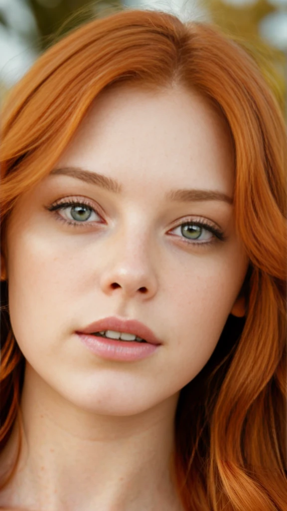 (close-up editorial photo of 20 yo woman, ginger  hair, slim American sweetheart), (freckles:0.8), (lips parted), realistic green eyes, POV, realistic[:, (film grain, 25mm, f/1.2, dof, bokeh, beautiful symmetrical face, perfect sparkling GREEN eyes, well defined pupils, high contrast GREEN eyes, ultra detailed skin, skin pores, vellus hair, fabric stitching, fabric texture, wood grain, stone texture, finely detailed features:1):0.9]