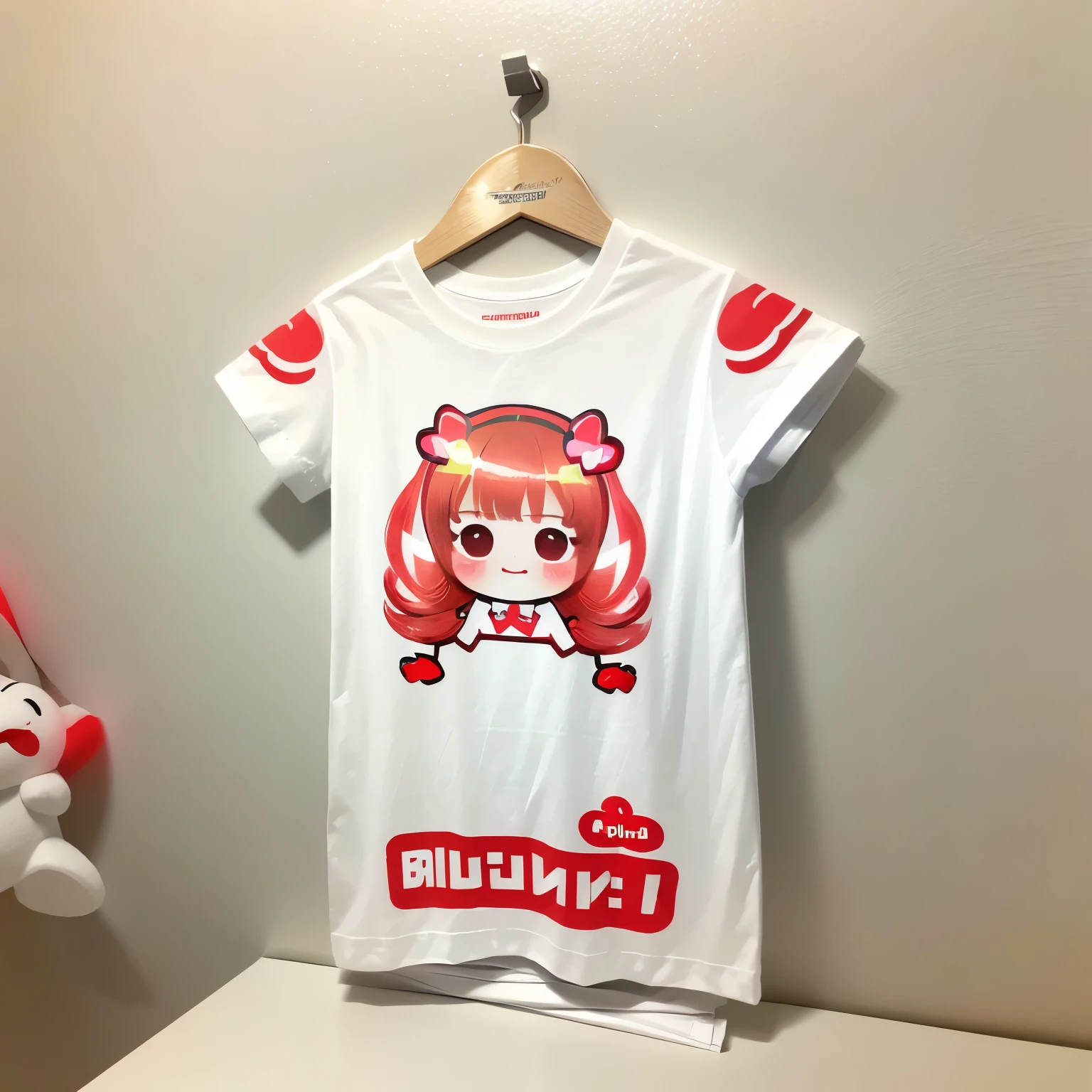 White and Bright Red, (Masterpiece 8K TopQuality:1.2) (ProfessionalPhoto:1.37) ExtremelyDetailed (((a T-shirt) with PUNIPUNI KAWAII girl Printed on it) with "SUPER BITCH" Logo ) glowing body