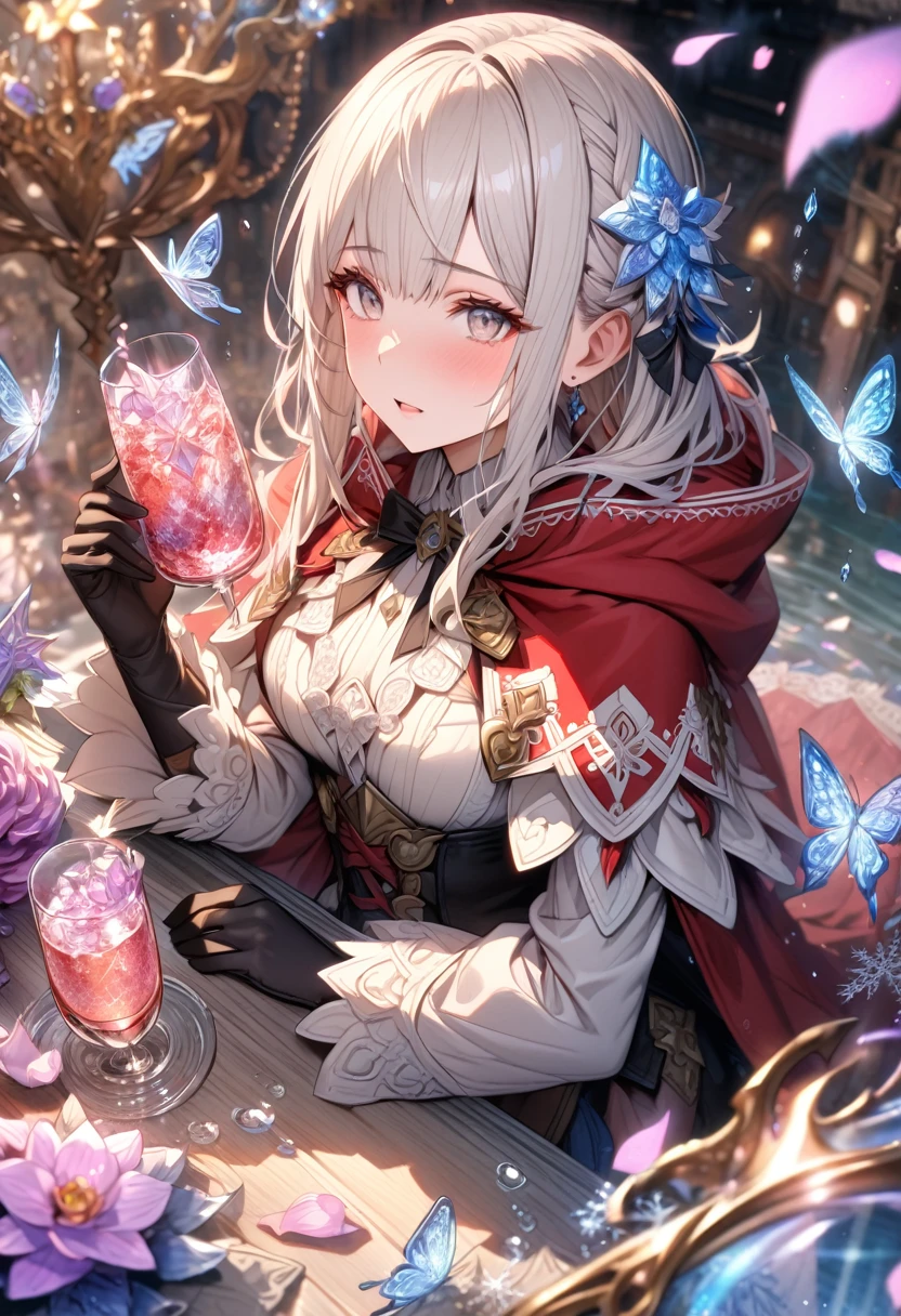 Ultra detailed, HDR, Highres, absurdres, master piece, Velouria, white hair, expressive gray eyes, red cape with a hoodie, white shirt, Fire Emblem Fates, extremely beautiful, woman, black gloves, glass, ice glittering butterflies, ice, petals, pink ice glass flowers, glittering, water, fantasy, magical, snowflakes, cold, glass