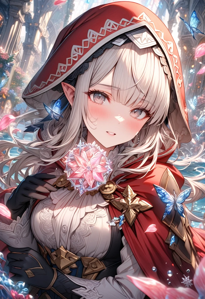 Ultra detailed, HDR, Highres, absurdres, master piece, Velouria, white hair, expressive gray eyes, red cape with a hoodie, white shirt, Fire Emblem Fates, extremely beautiful, woman, black gloves, glass, ice glittering butterflies, ice, petals, pink ice glass flowers, glittering, water, fantasy, magical, snowflakes, cold, glass