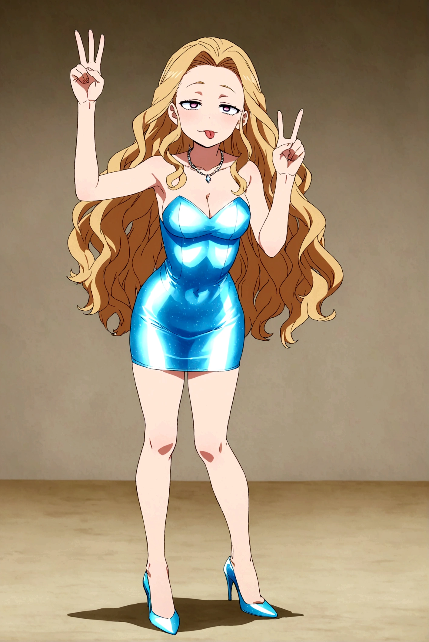 Screenshot boku no hero academi anime long shot woman full body adult 18 years old , long and wavy hair, sexy slanted eyes, high,athletic body short dress made of holographic fabric , diamond necklace, diamond heels, stick out your tongue, make the peace sign, coming out of the water night beach full of stars ,