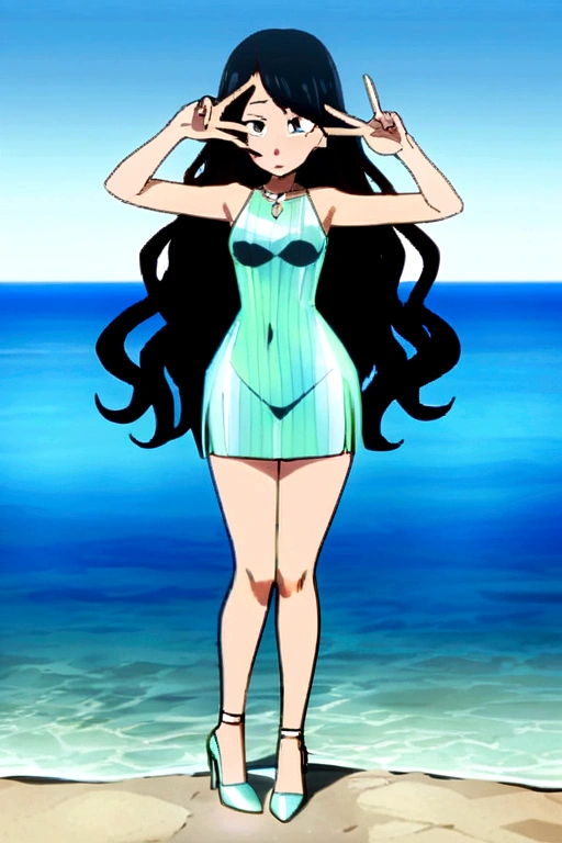Screenshot boku no hero academi anime long shot woman full body adult 18 years old , long and wavy hair, sexy slanted eyes, high,athletic body short dress made of holographic fabric , diamond necklace, diamond heels, stick out your tongue, make the peace sign, coming out of the water night beach full of stars ,
