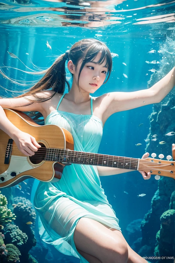 A beautiful Japanese girl is depicted in a vertical, ultra-realistic illustration, playing an electric guitar underwater. She wears a thin, translucent dress that flows gracefully in the water, emphasizing her delicate and ethereal presence. Her hair, styled in twin tails, floats freely around her, adding a dynamic sense of movement.
The background features an underwater scene with shimmering light filtering through the surface, illuminating schools of fish swimming around her. The artist employs digital painting techniques to create high detail, especially in the textures of the dress, guitar, and underwater environment. The lighting and reflections are meticulously rendered, capturing the surreal and magical ambiance of the scene. The use of vibrant blues and subtle highlights enhances the overall sense of depth and realism.