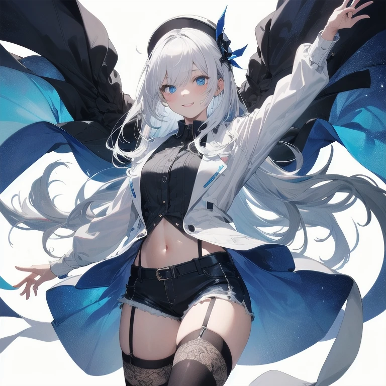 (Masterpiece, Best quality, ultra high resolution), 1 girl, Silver hair, Pale skin, Beautiful detailed face, Detailed eyes, posing on a white background, Dynamic lighting, dynamic shadowing, looking at viewer, White street punk fashion with blue details, (Posing for a photo), ((White clothes)), (((black thigh highs))), jean shorts, skirt, white sweater, ((Blue eyes)), happy, smiling, black straps, black strap design, ((Long white hair)), energetic, cheerful, cityscape background, (garter), blue tertiary color, blue highlights