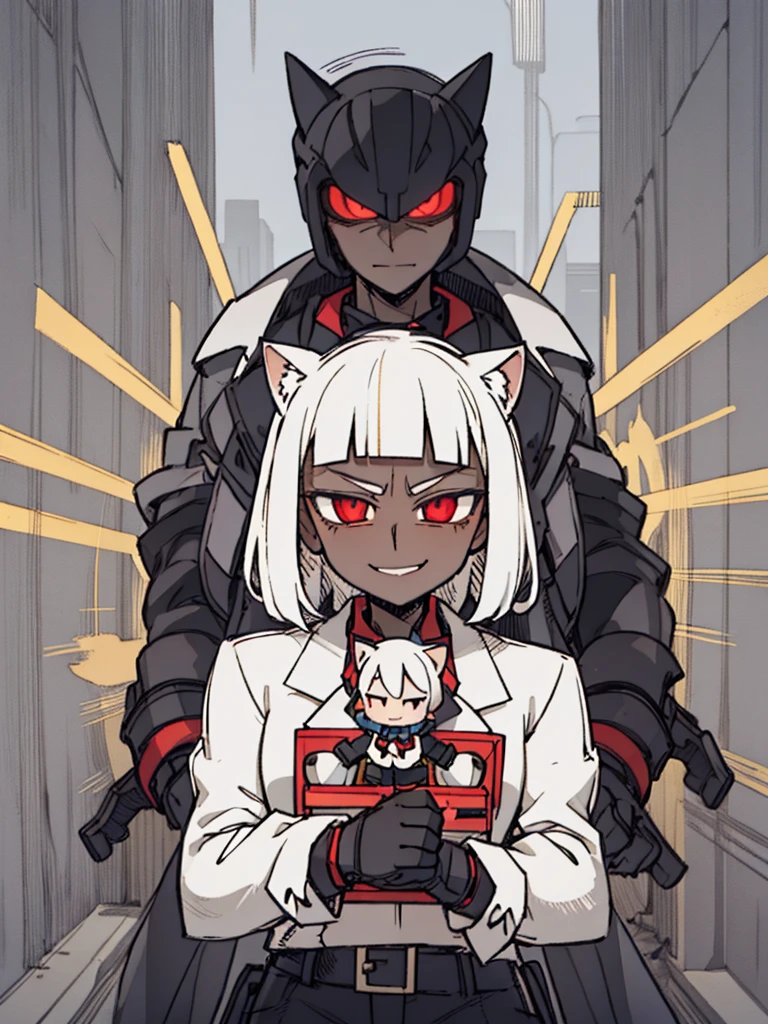 Score_9, score_8_up, score_7_up, score_6_up,  gyaru, source_アニメ, 1girl, 独奏, white background, abstract rectangular background, honoka, gazing at viewer, very dark skin, cat Woman, white suit, malicious smile, Evil eyes, manikin doll, dark villain, laugh. 