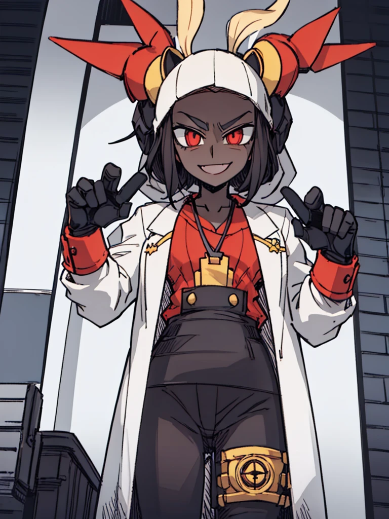 Score_9, score_8_up, score_7_up, score_6_up, gyaru, source_アニメ, 1girl, 独奏, white background, abstract rectangular background, honoka, gazing at viewer, very dark skin, cat Woman, white suit, malicious smile, Evil eyes, manikin doll, dark villain, laugh.