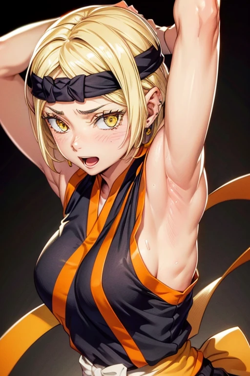 8k high resolution, detailed face, detailed body, perfect body, ultra high quality, 1 girl, sleeveless shirt, arms up, armpit, sweating, black headband, yellow eyes