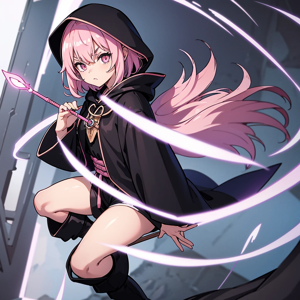 Best illustrations、Best Quality、(Solo、23 years old)、(The same face:1.1),Medieval Fantasy、Magic wand,(White Background)、(Pink Hair、Very Short Hair、Align your bangs)、(((Black hood、Long sleeve、Black Robe、pants、Knee-high boots)))、(From above at an angle)、Run、(get annoyed)、Cowboy Shot、Same angle、Use the magic of light、From below、(Narrow eyes、Thick eyebrows)