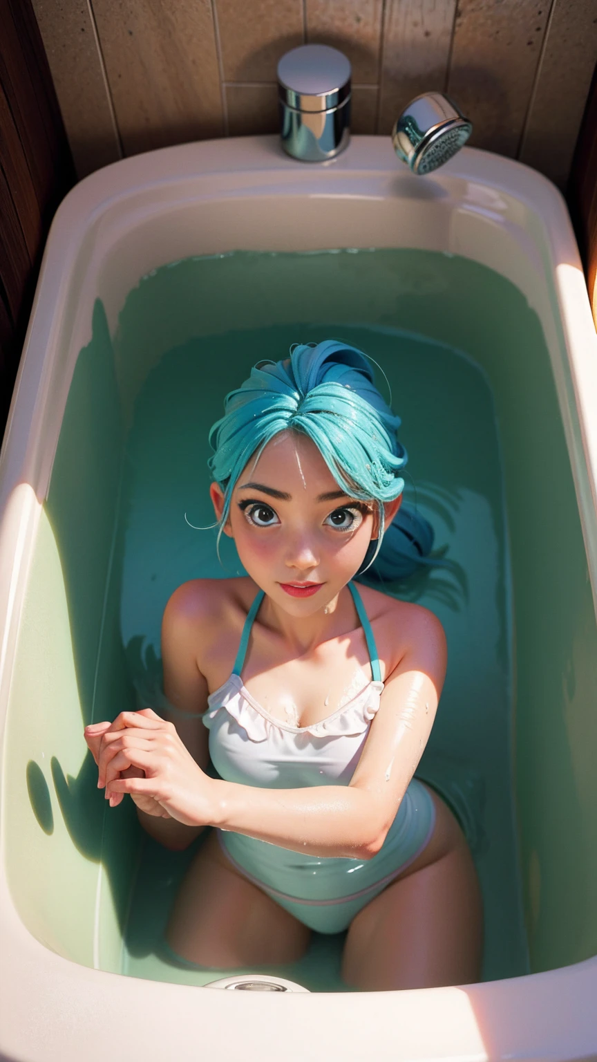 I take a shower　older sister　Swimwear　Cold bath　Immerse　Splash　Bathroom　
