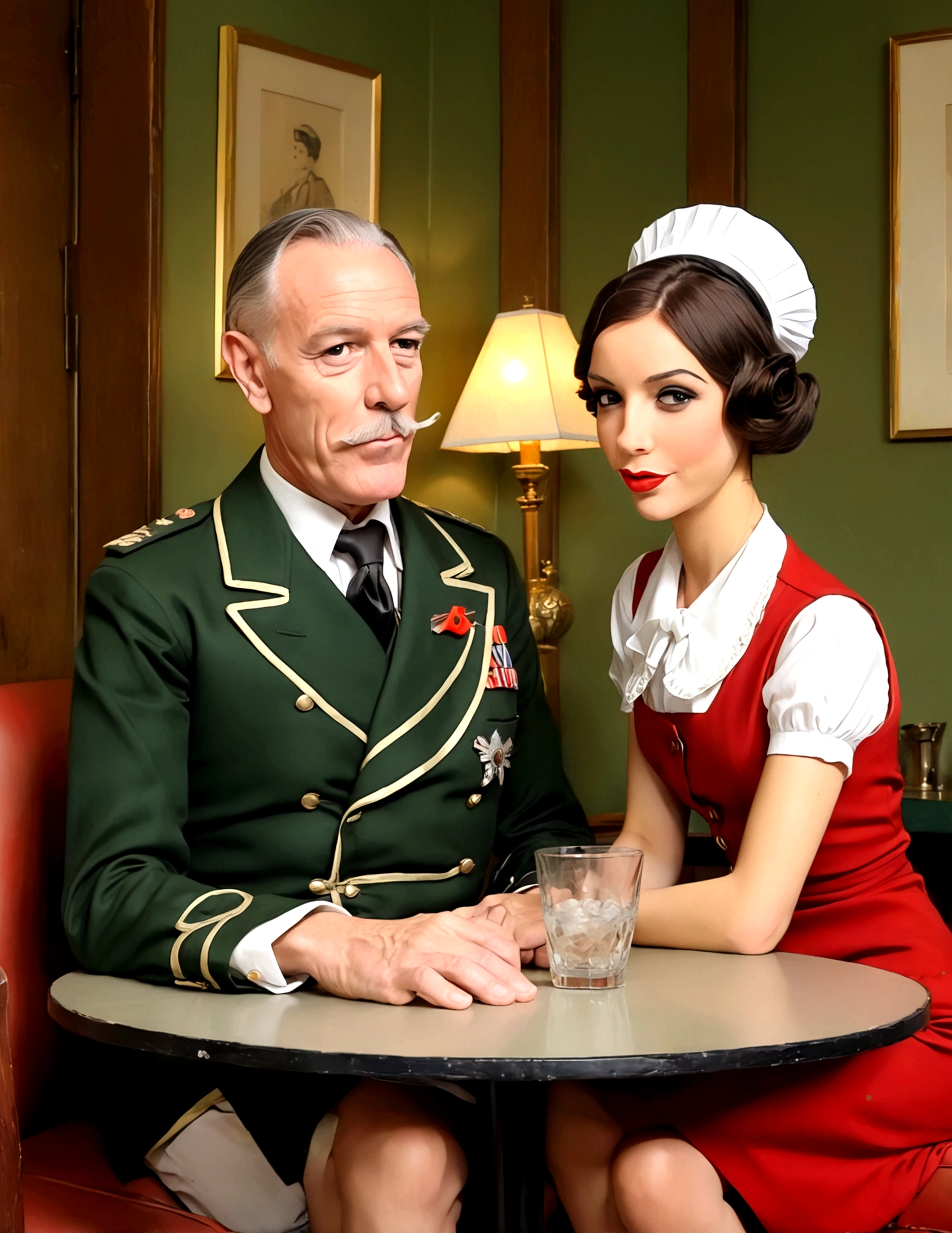 A wizened old British gentleman (cartoon character colonel braghard), sitting at a table in a smokers lounge. he is chatting to the 1920s dressed waitress