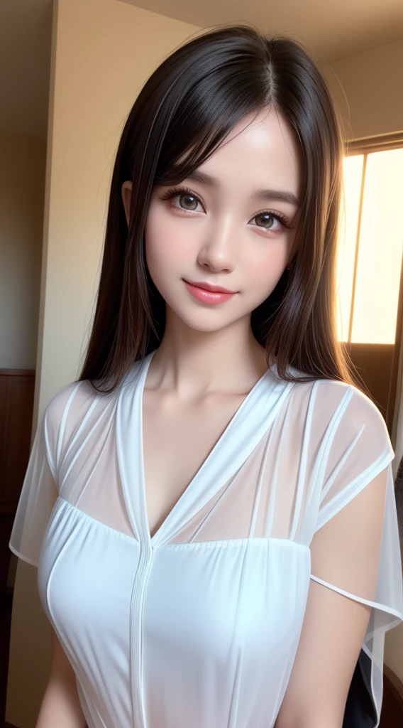 teen, 1girl in, Extremely cute, Amazing face and eyes, (Beautiful lovely smile), (extremely detailed beautiful face), bright and shiny lips, Super beautiful, (open sheer School blouse:1.3), (Best Quality:1.4), (hyper quality), (Ultra-detailed), (Hyper-realistic, Photorealsitic:1.37), Authentic skin texture, Highly detailed CG integrated 8k wallpapers, RAW Photos, professional photograpy, Cinematic lighting,