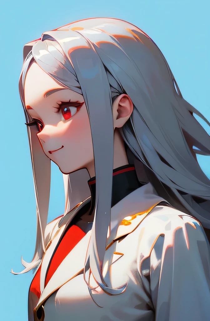 (8K),(high resolution),(high quality),,,,,,,1 Girl、anime painting、Upper body close-up、Natural Proportions、smile、White skin、(Long silver hair)、Beautiful red eyes、Blue background,,,,,,,,,,,,