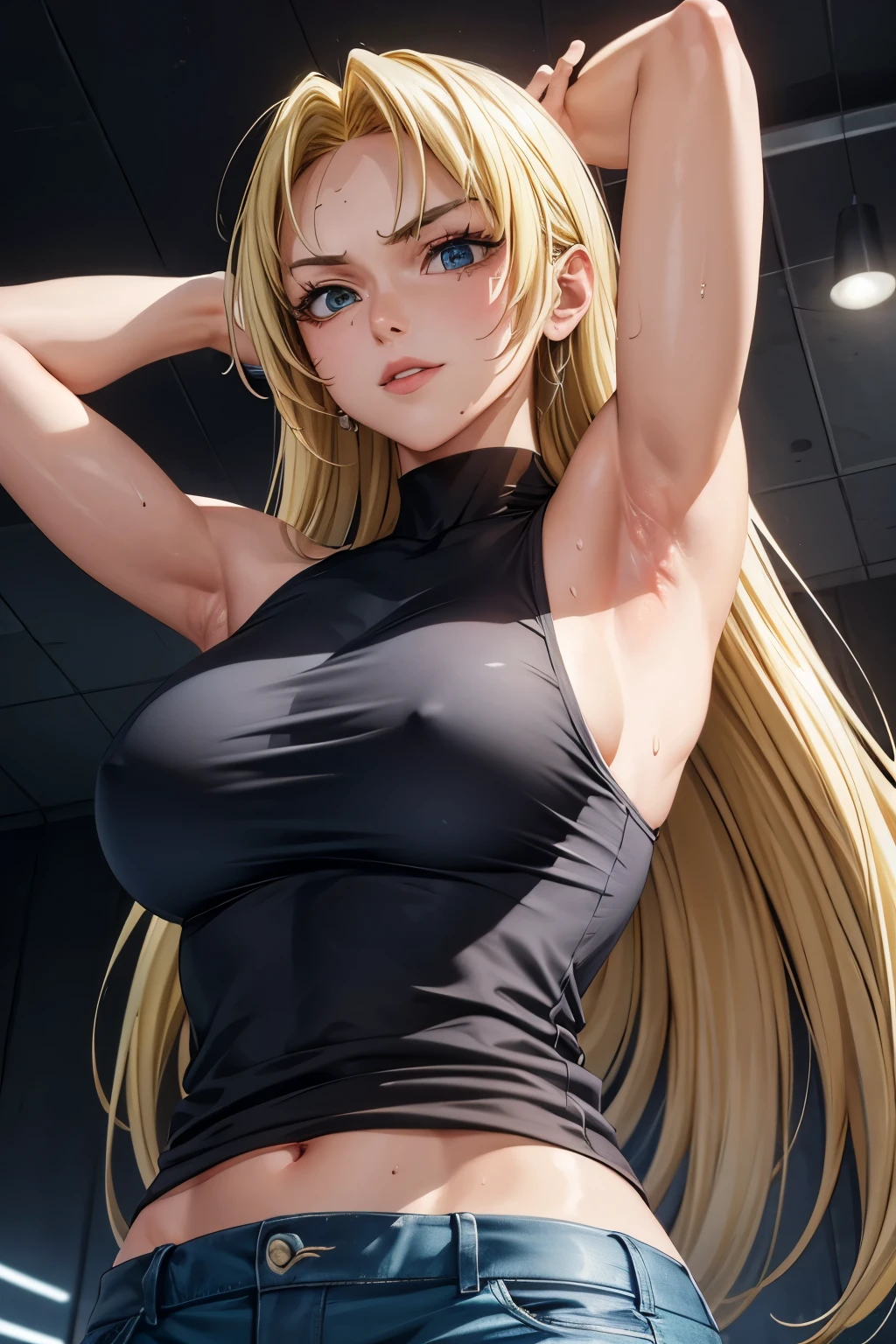 8k high resolution, ultra high quality, detailed face, detailed body, perfect body ,1 girl, blonde long hair, sleeveless shirt, arms up, armpit, sweating, sweaty armpits