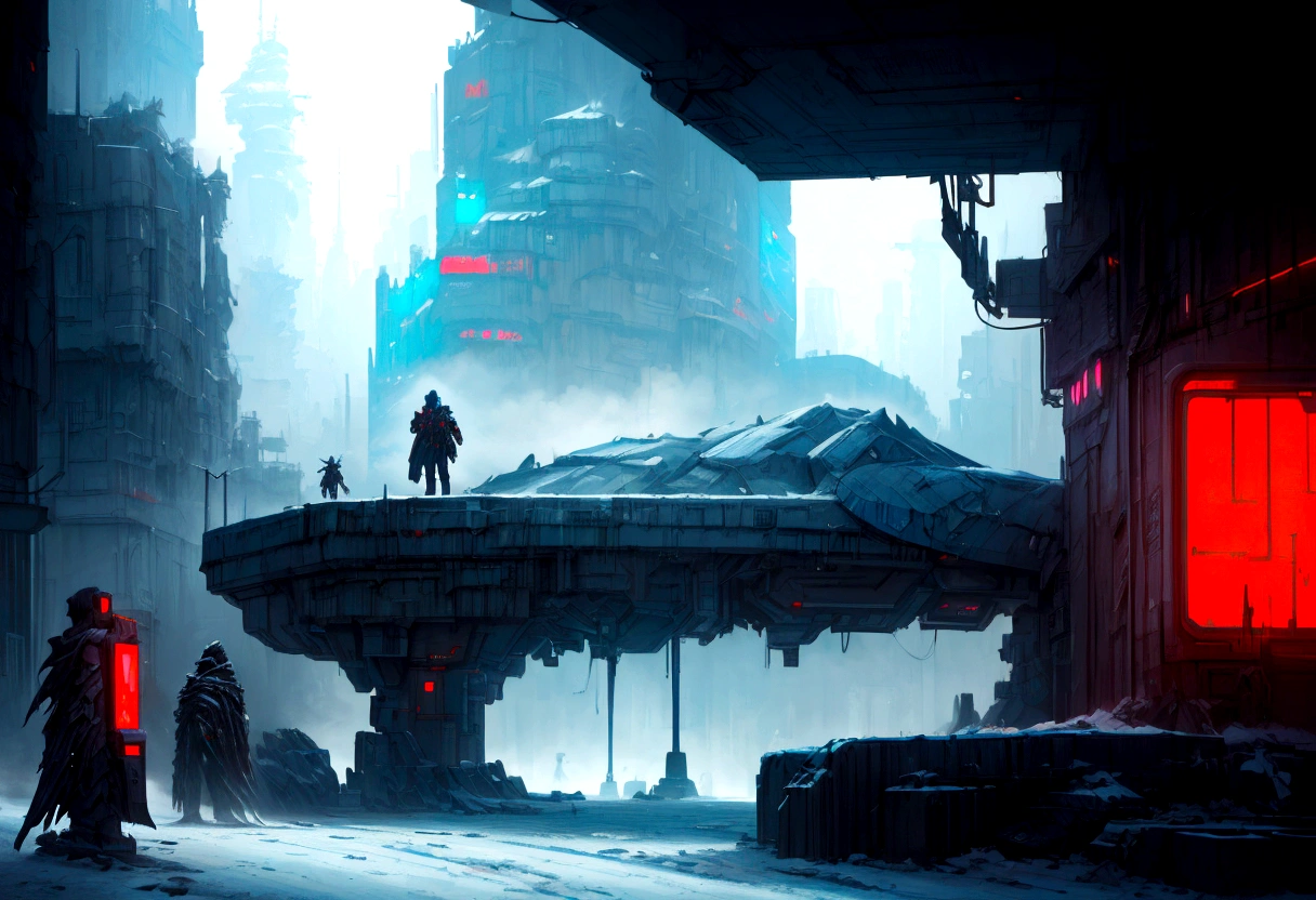 Futuristic, landscape sidescroller, a bridge in a city, urban concept art, winter concept art, bastien grivet, concept art scene, 2d concept art, digital concept art of dystopian, ❄️ corruption conceptart, cyberpunk themed art, andreas rocha style, cold environment, detailed digital concept art, concept art style, professional concept art, cyberpunk art style