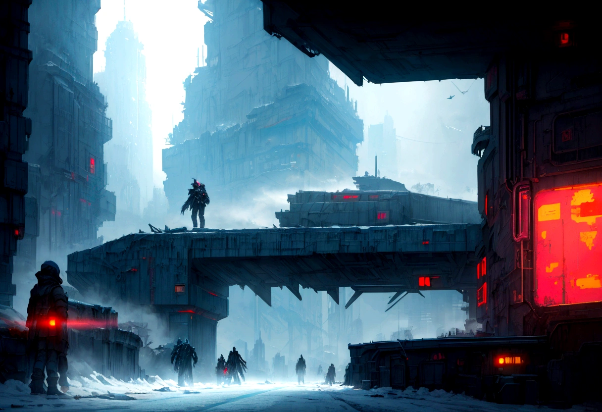 Futuristic, landscape sidescroller, a bridge in a city, urban concept art, winter concept art, bastien grivet, concept art scene, 2d concept art, digital concept art of dystopian, ❄️ corruption conceptart, cyberpunk themed art, andreas rocha style, cold environment, detailed digital concept art, concept art style, professional concept art, cyberpunk art style