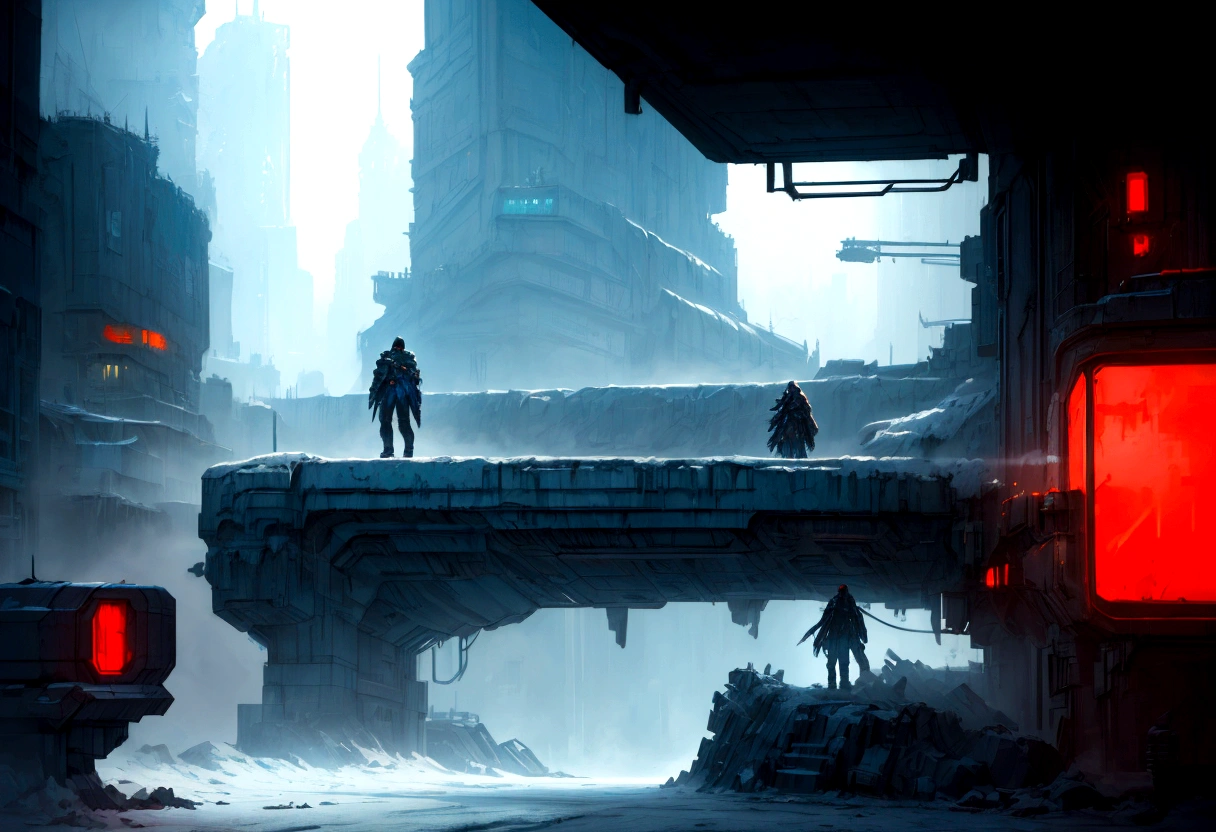 Futuristic, landscape sidescroller, a bridge in a city, urban concept art, winter concept art, bastien grivet, concept art scene, 2d concept art, digital concept art of dystopian, ❄️ corruption conceptart, cyberpunk themed art, andreas rocha style, cold environment, detailed digital concept art, concept art style, professional concept art, cyberpunk art style