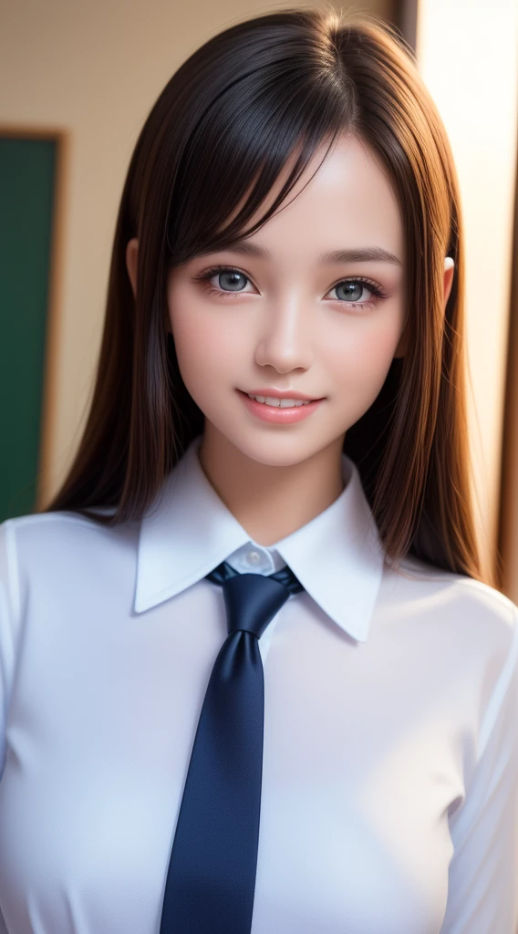 , 1girl in, Extremely cute, Amazing face and eyes, (Beautiful lovely smile), (extremely detailed beautiful face), bright and shiny lips, Super beautiful, (School blouse:1.3), (Best Quality:1.4), (hyper quality), (Ultra-detailed), (Hyper-realistic, Photorealsitic:1.37), Authentic skin texture, Highly detailed CG integrated 8k wallpapers, RAW Photos, professional photograpy, Cinematic lighting,