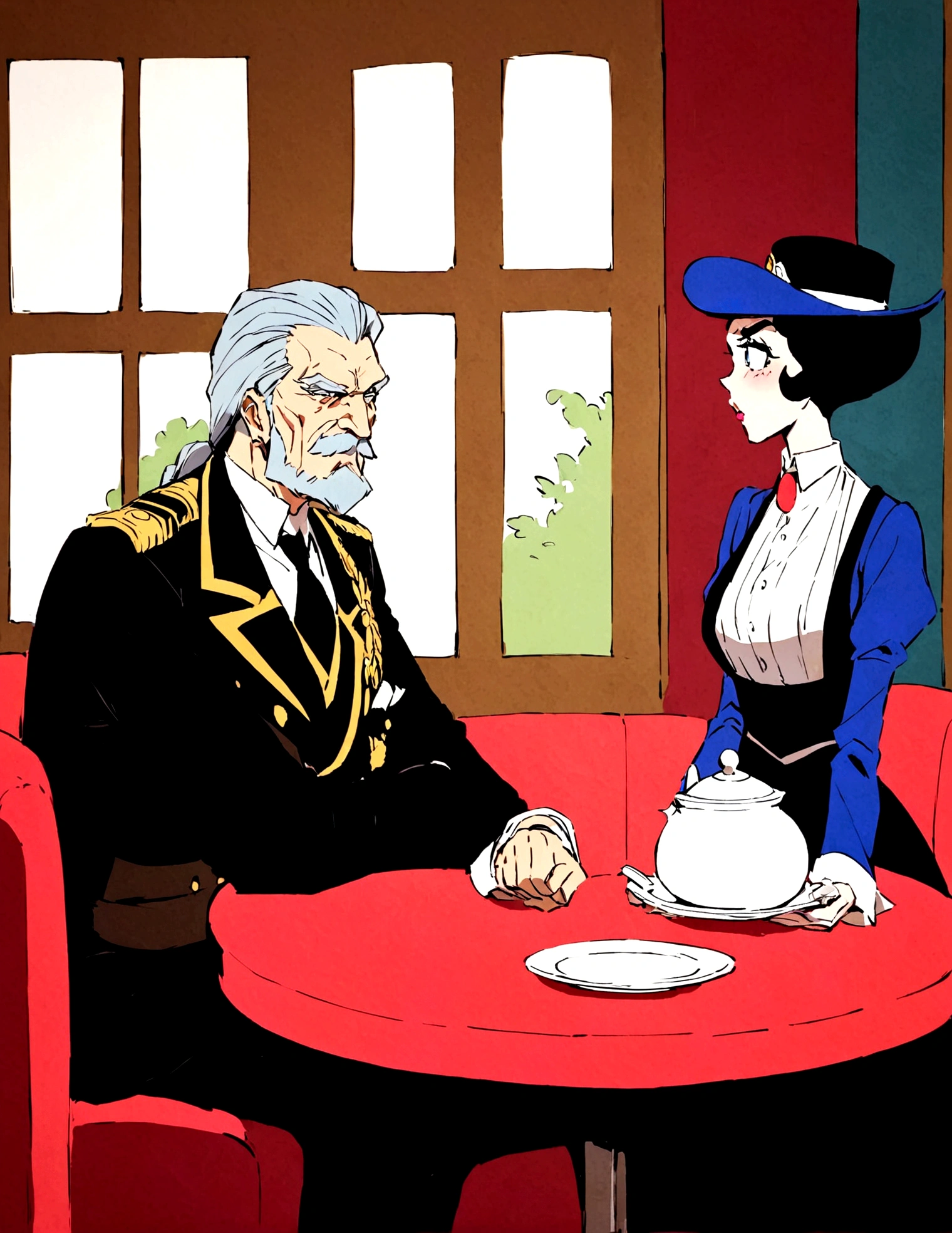 A wizened old British gentleman (cartoon character colonel braghard), sitting at a table in a smokers lounge. he is chatting to the 1920s dressed waitress