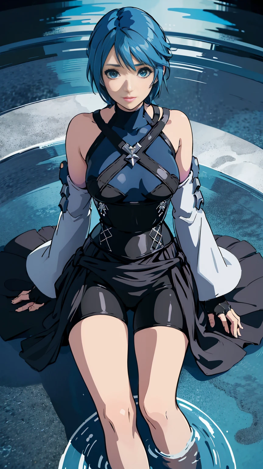 ((Full body photo,standing, feet on the ground)) aqua, 1girl, absurdities, masterpiece, blue eyes, blue hair, breasts, chest strap, elbow gloves, gloves, highres, (skirt), (hearts of the kingdom), looking at the viewer, transparent water bottom, smile, alone, clear sky, open field, empty background, wide sleeves, medium breasts, highlighted sleeves, black shorts, fingerless gloves, light background, (thighs), sitting on the floor, view from above, dynamic view
