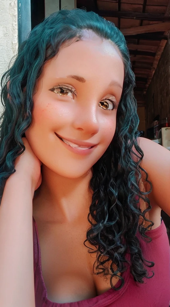 woman with dark brown curly hair, black eyes, smiling