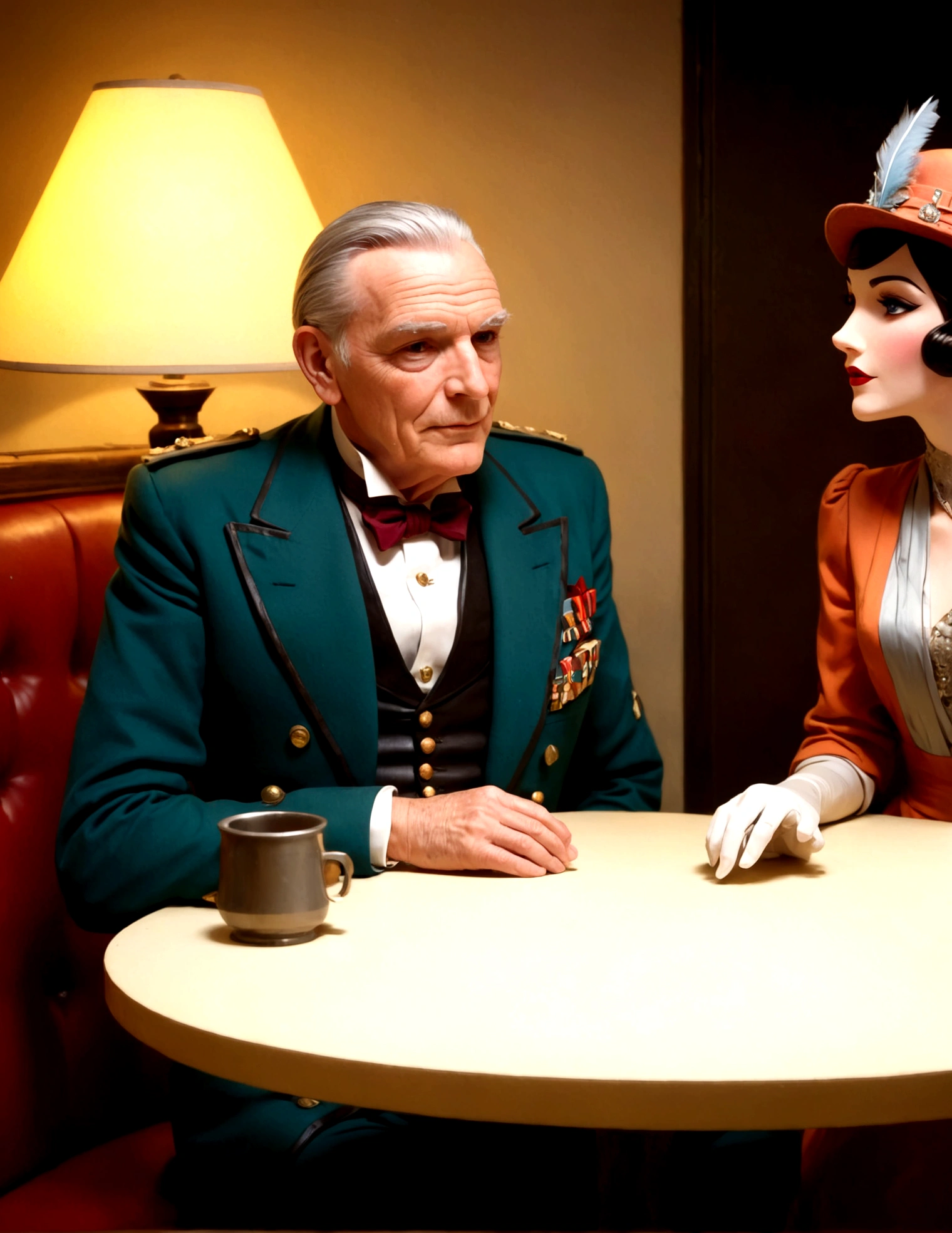 A wizened old British gentleman (cartoon character colonel braghard), sitting at a table in a smokers lounge. he is chatting to the 1920s dressed waitress