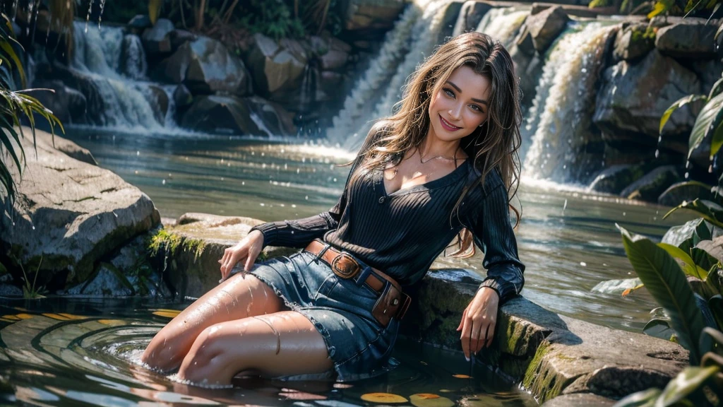 woman sitting in the water, (long wavy hair), bottom angle, in a pond, in water up to her waist, in the water, denim skirt, belt, ((v neck pullover)), white shirt, seated in the water, rebecca | emma, cute woman, with a waterfalls, casually dressed, wet look, portrait shot, mid shot portrait, playing in water, smiling at viewer, coy, cute shot, narrow depth of field, 8k, drenched, ((soaked)), dripping water, dripping oil, heavy clothes, soaked in oil, wet all over, rouge lipstick