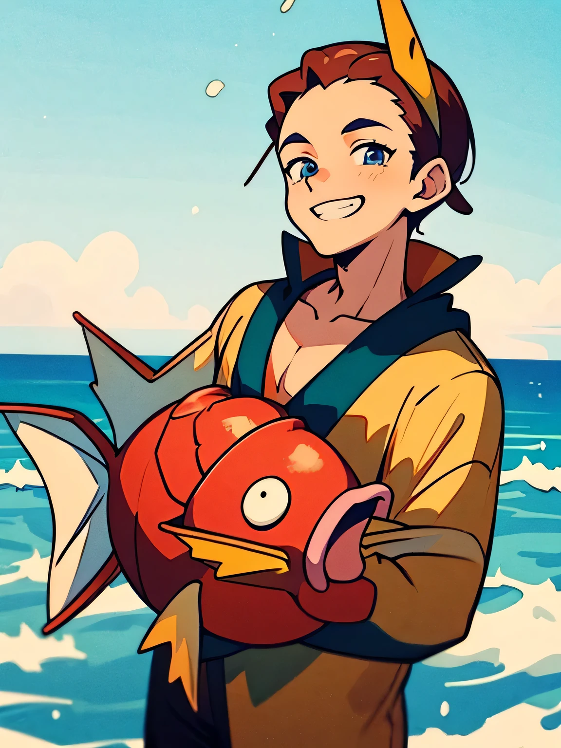 Magikarp headgear,solo,young man,brown color short male's hair,male eyes, male nose, male mouth, tsurime, big forehead, grin, male's swimwear, seaside, summer blue sky,