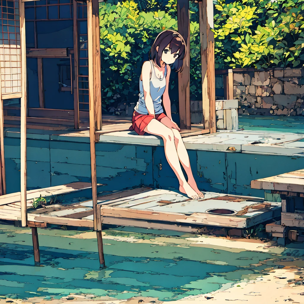 Full body of a sitting girl wearing a tank top Japanese summer Sunshine Nostalgic