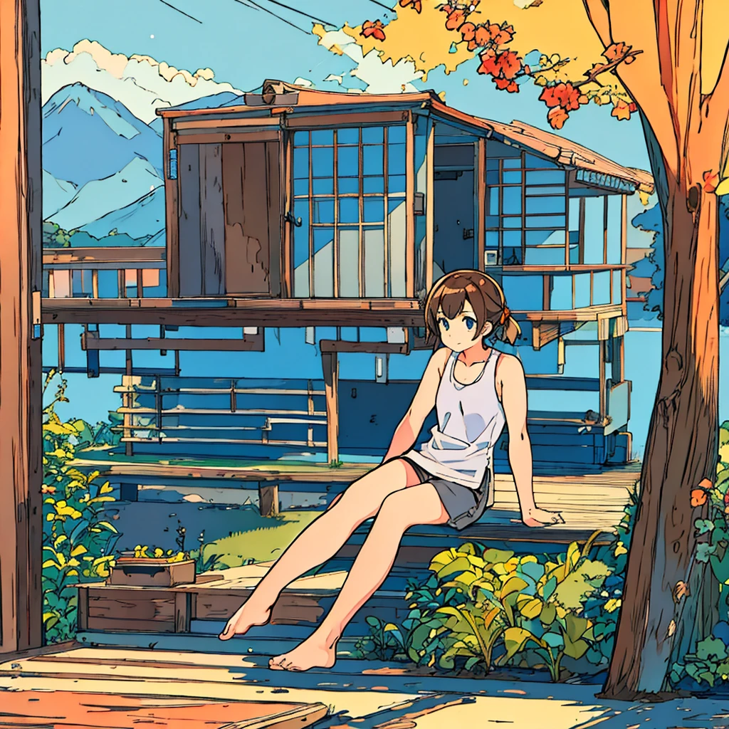 Full body of a sitting girl wearing a tank top Japanese summer Sunshine Nostalgic