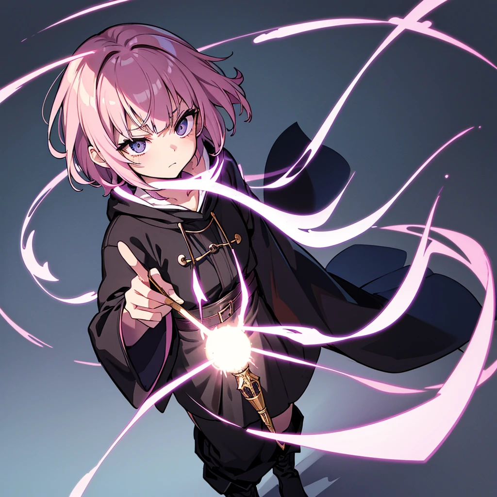 Best illustrations、Best Quality、(Solo、23 years old)、(The same face:1.1),Medieval Fantasy、Magic wand,(White Background)、(Pink Hair、Very Short Hair、Align your bangs)、(Black hood)、(((Long sleeve、Black Robe、pants、Knee-high boots)))、(斜めFrom above)、Run、(get annoyed)、Cowboy Shot、Movement angle、Use the magic of light、From above