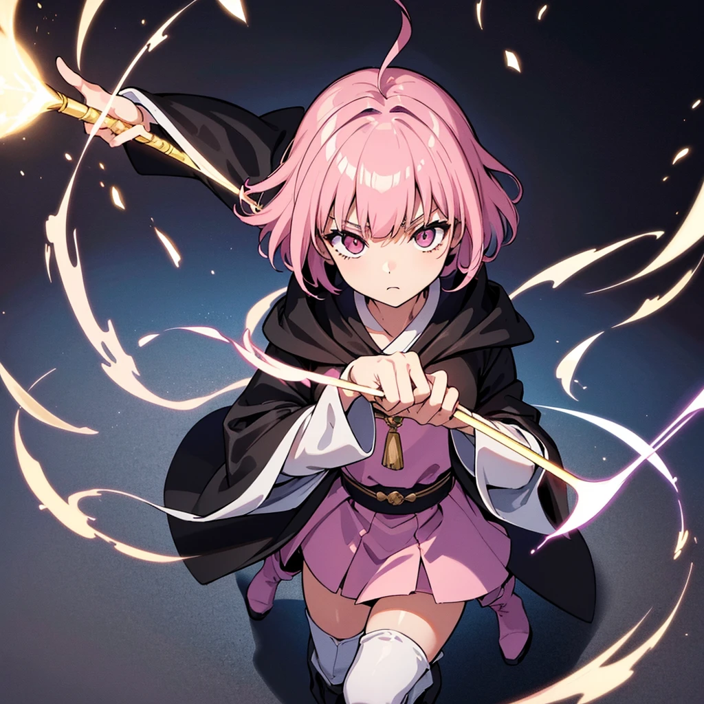 Best illustrations、Best Quality、(Solo、23 years old)、(The same face:1.1),Medieval Fantasy、Magic wand,(White Background)、(Pink Hair、Very Short Hair、Align your bangs)、(Black hood)、(((Long sleeve、Black Robe、pants、Knee-high boots)))、(斜めFrom above)、Run、(get annoyed)、Cowboy Shot、Movement angle、Use the magic of light、From above
